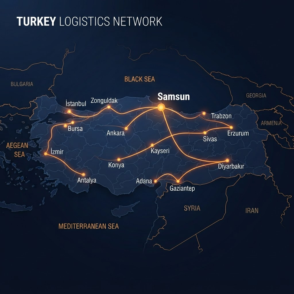 Samsun'dan Türkiye geneline uzanan nakliye rota ağı haritası